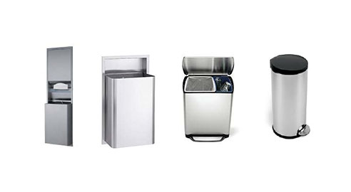 Four stainless steel trash cans