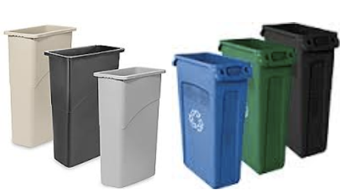 Tan, black, grey, blue, and green slim jim trashcans
