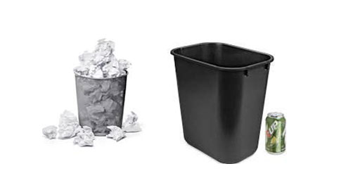 Full trashcan and and black office trashcan next to each other
