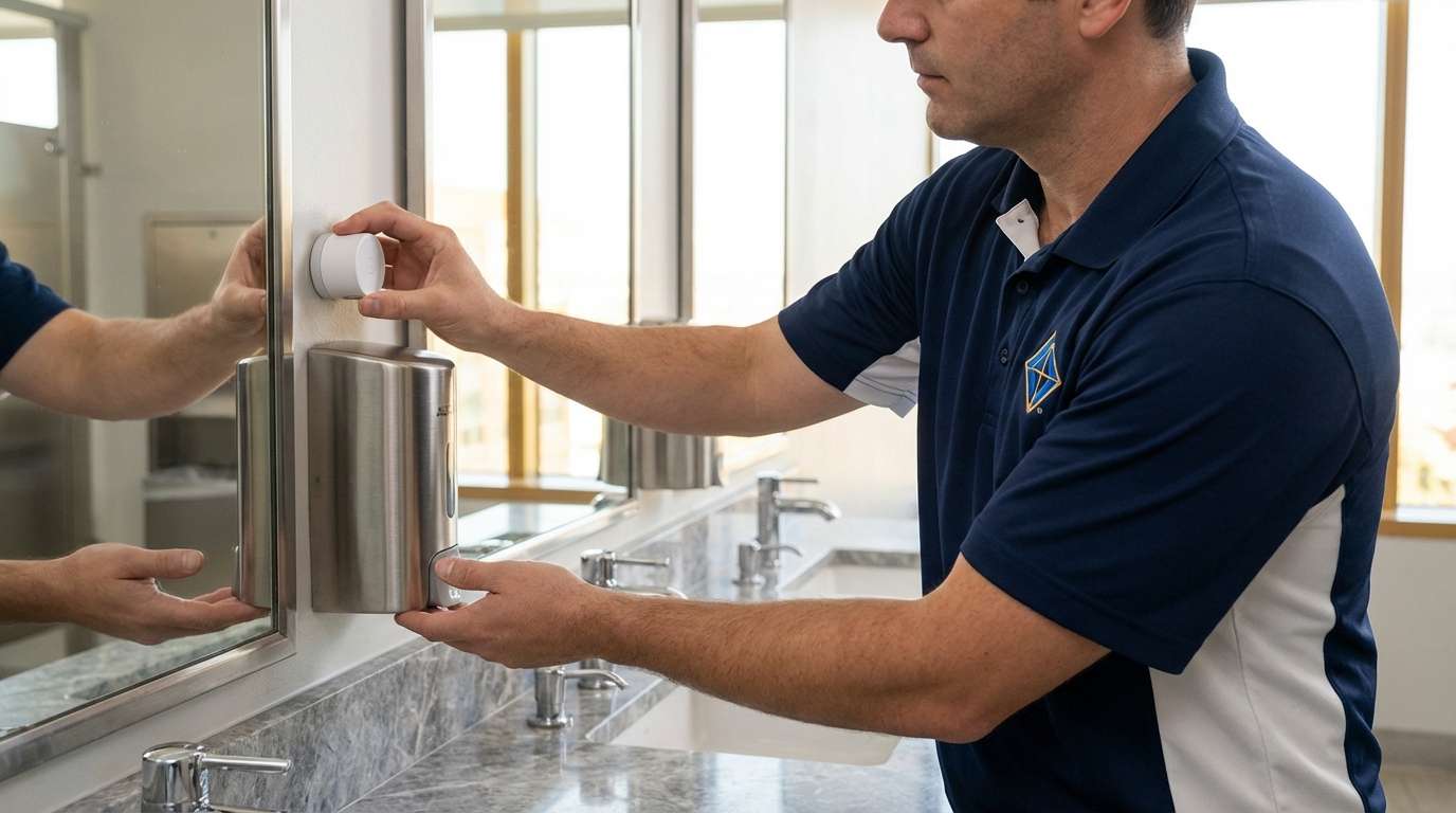 Cappstone technician installs a sleek white IoT sensor next to a metallic soap dispenser in a marble corporate restroom.